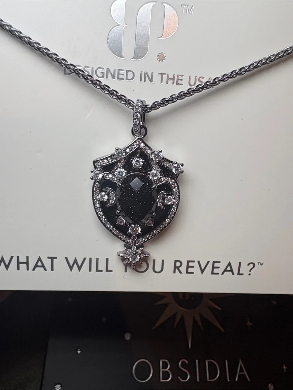 Obsidia Black Shield Removable Pendant Necklace with Sparkling Accents
